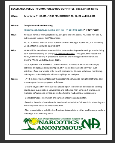 Beach Area Ad Hoc PI Virtual Meetings Oct 10,17, 24 and 31